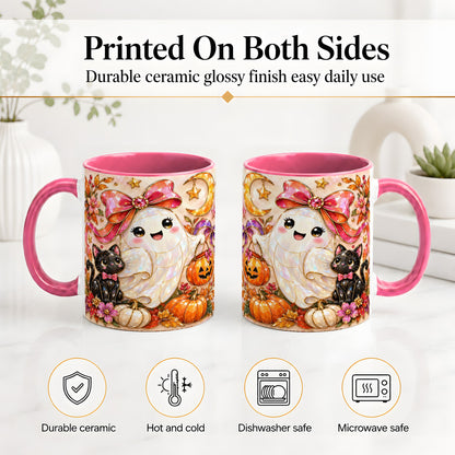 #pl[11oz|Pink] Cute Halloween Ghost Cat Ceramic Mug, Pumpkin Moon Artwork