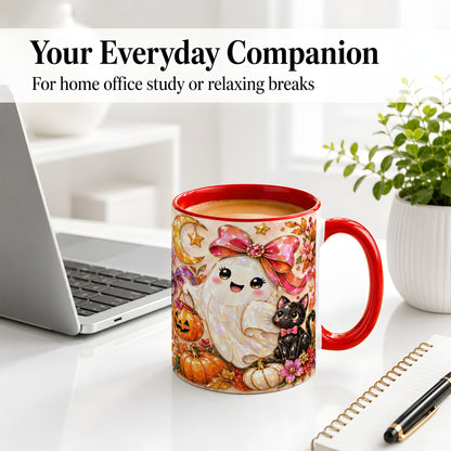 #pl[11oz|Red] Cute Halloween Ghost Cat Ceramic Mug, Pumpkin Moon Artwork