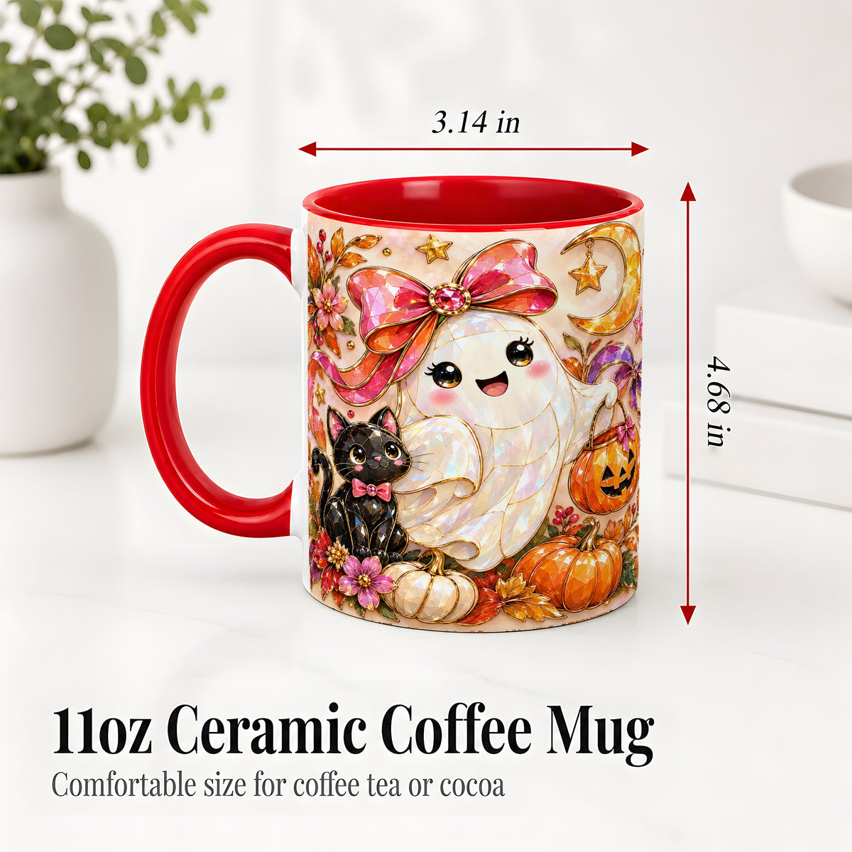 #pl[11oz|Red] Cute Halloween Ghost Cat Ceramic Mug, Pumpkin Moon Artwork