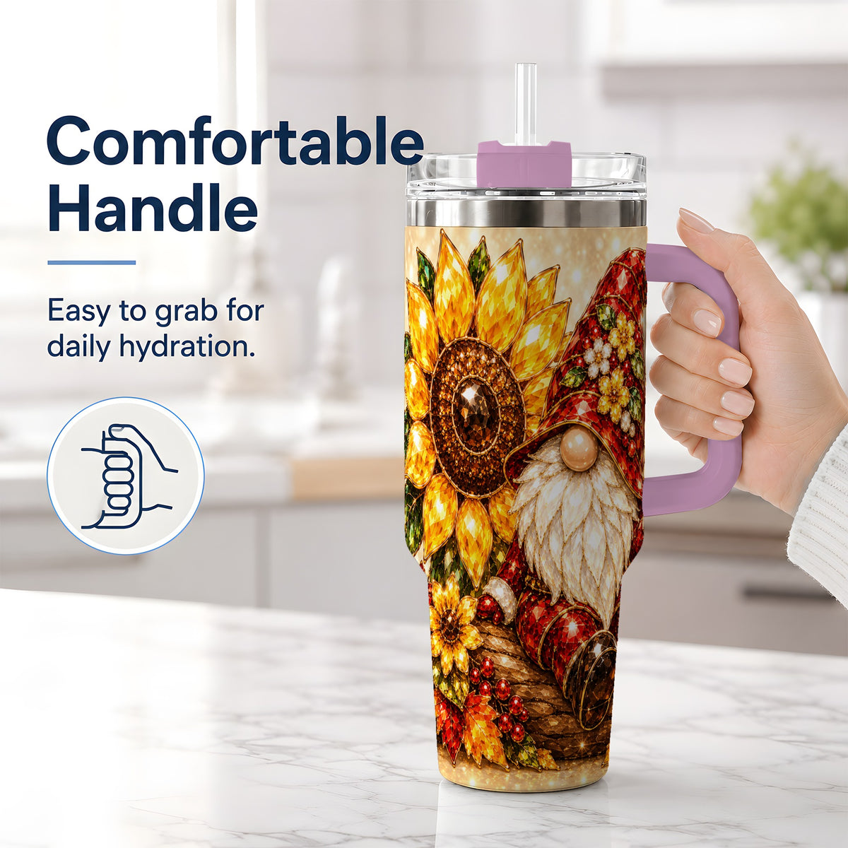 #pl[40oz|Pink] Autumn Gnome Tumbler 40oz, Sunflower Maple Leaf Fall Garden Artwork