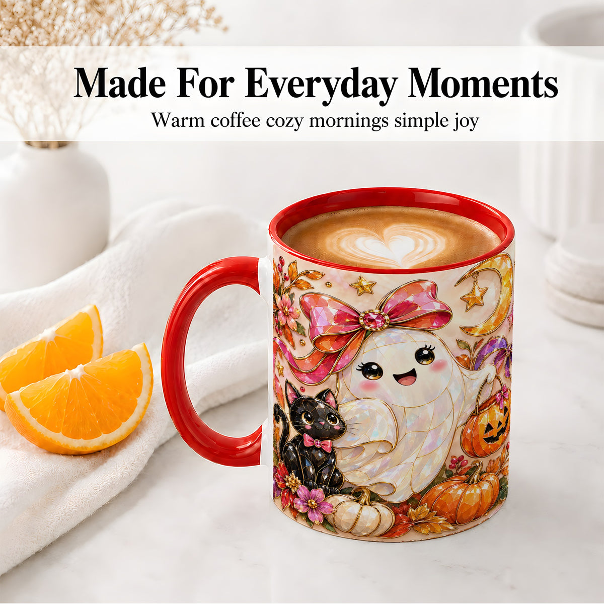 #pl[11oz|Red] Cute Halloween Ghost Cat Ceramic Mug, Pumpkin Moon Artwork