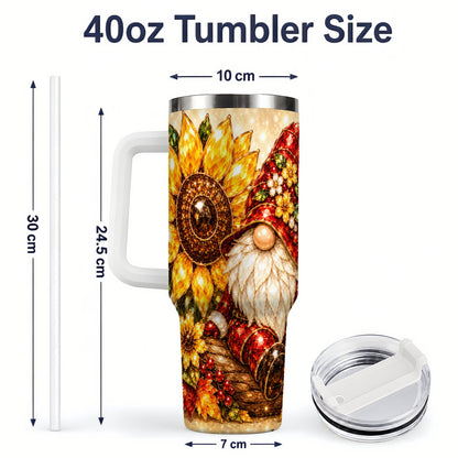 #pl[40oz|White] Autumn Gnome Tumbler 40oz, Sunflower Maple Leaf Fall Garden Artwork
