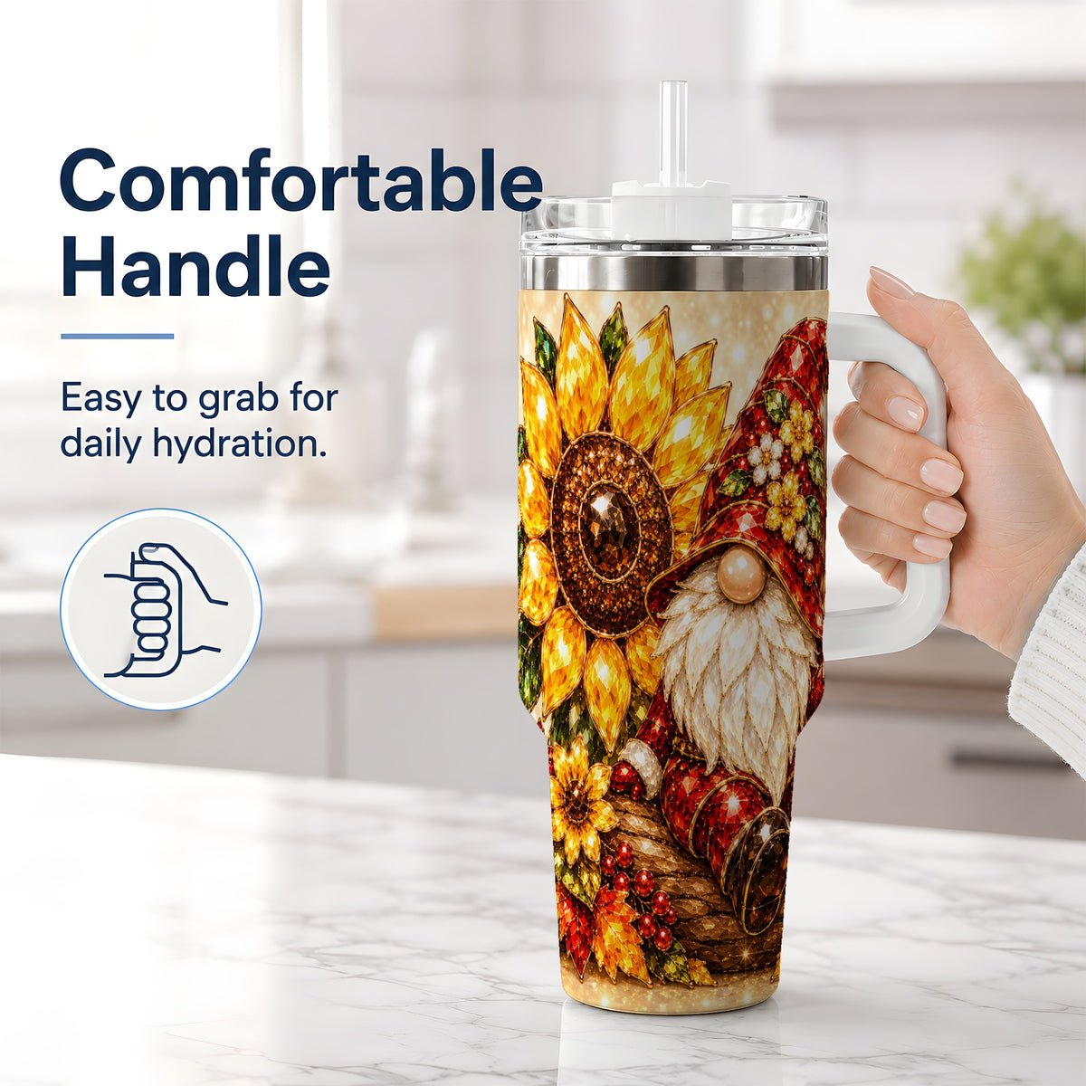 #pl[40oz|White] Autumn Gnome Tumbler 40oz, Sunflower Maple Leaf Fall Garden Artwork