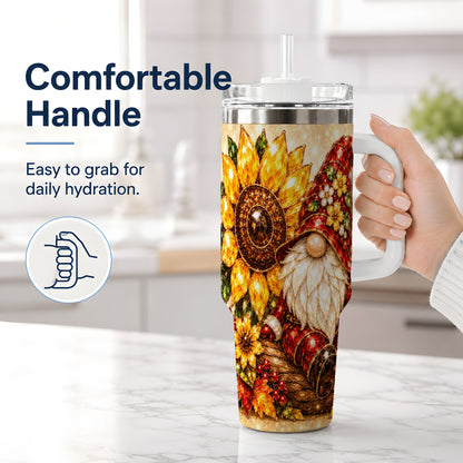 #pl[40oz|White] Autumn Gnome Tumbler 40oz, Sunflower Maple Leaf Fall Garden Artwork