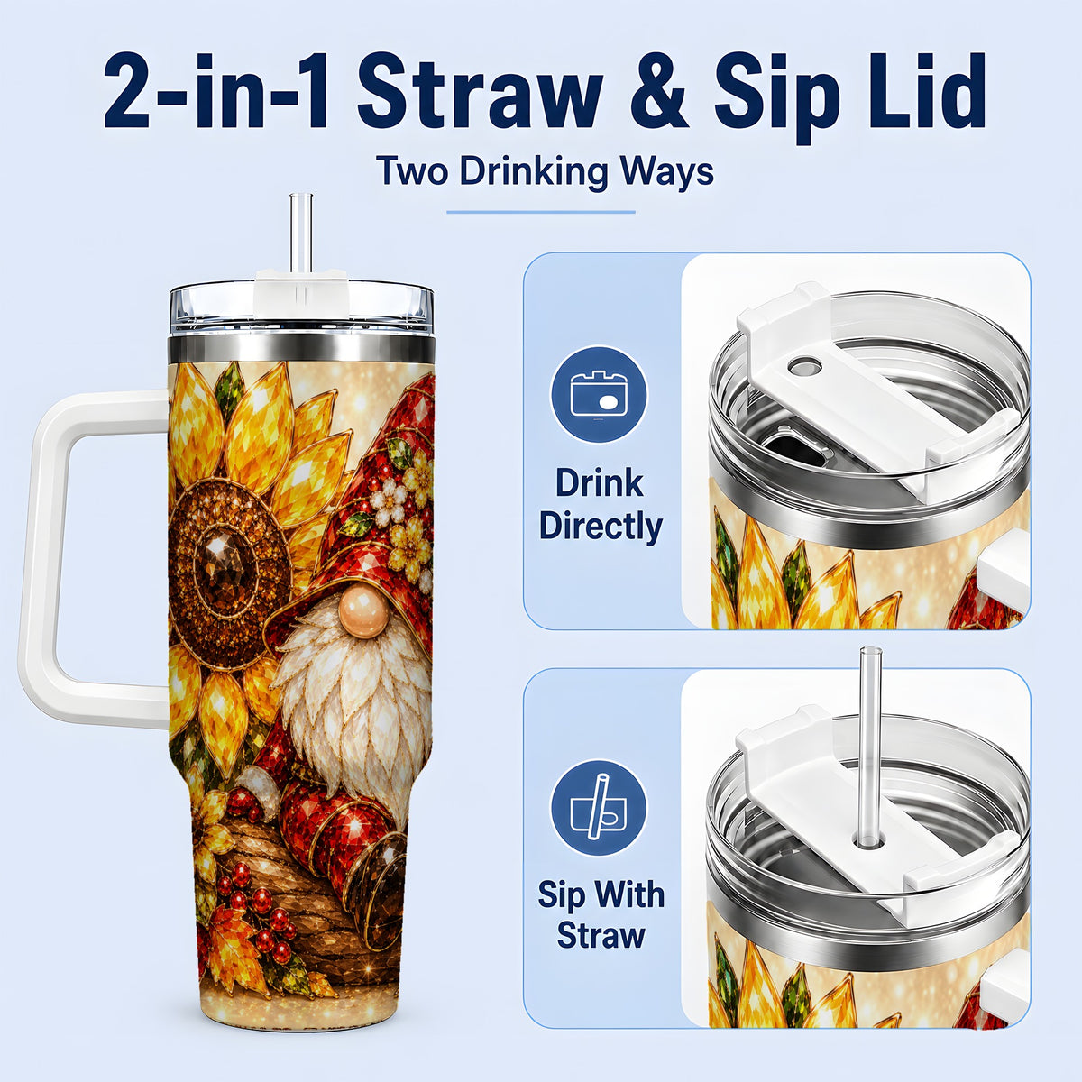 #pl[40oz|White] Autumn Gnome Tumbler 40oz, Sunflower Maple Leaf Fall Garden Artwork
