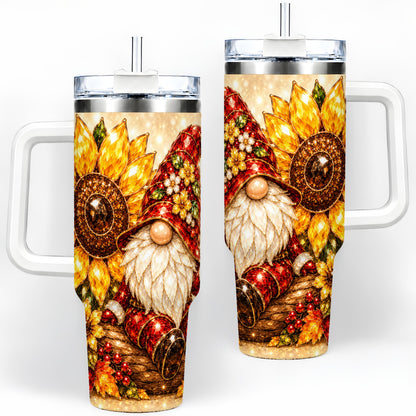 Autumn Gnome Tumbler 40oz, Sunflower Maple Leaf Fall Garden Artwork