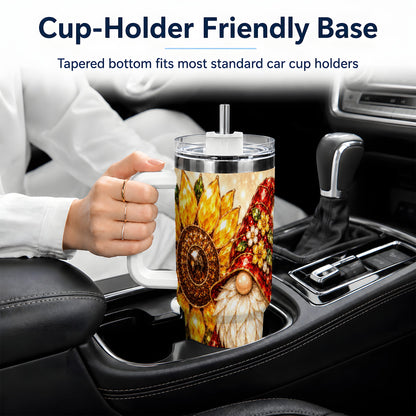 #pl[40oz|White] Autumn Gnome Tumbler 40oz, Sunflower Maple Leaf Fall Garden Artwork