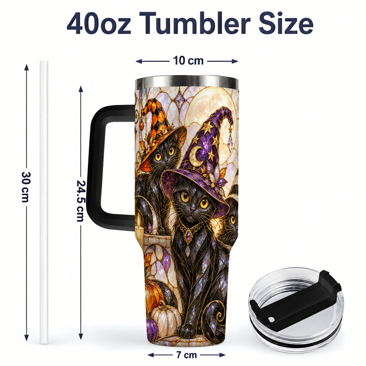 #pl[40oz|Black] Halloween Black Cat Tumbler 40oz, Witch Hat Pumpkin Moon Fall Artwork