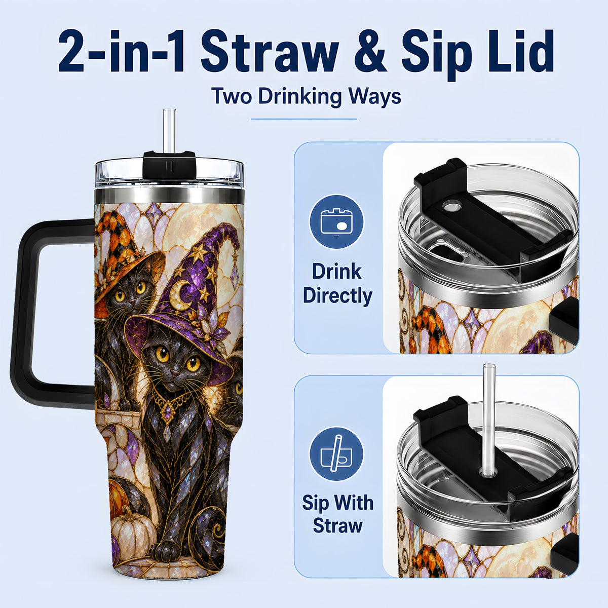 #pl[40oz|Black] Halloween Black Cat Tumbler 40oz, Witch Hat Pumpkin Moon Fall Artwork