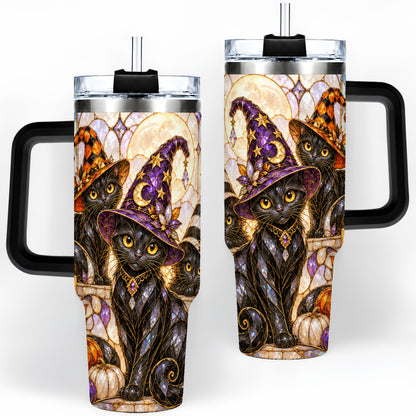 #pl[40oz|Black] Halloween Black Cat Tumbler 40oz, Witch Hat Pumpkin Moon Fall Artwork