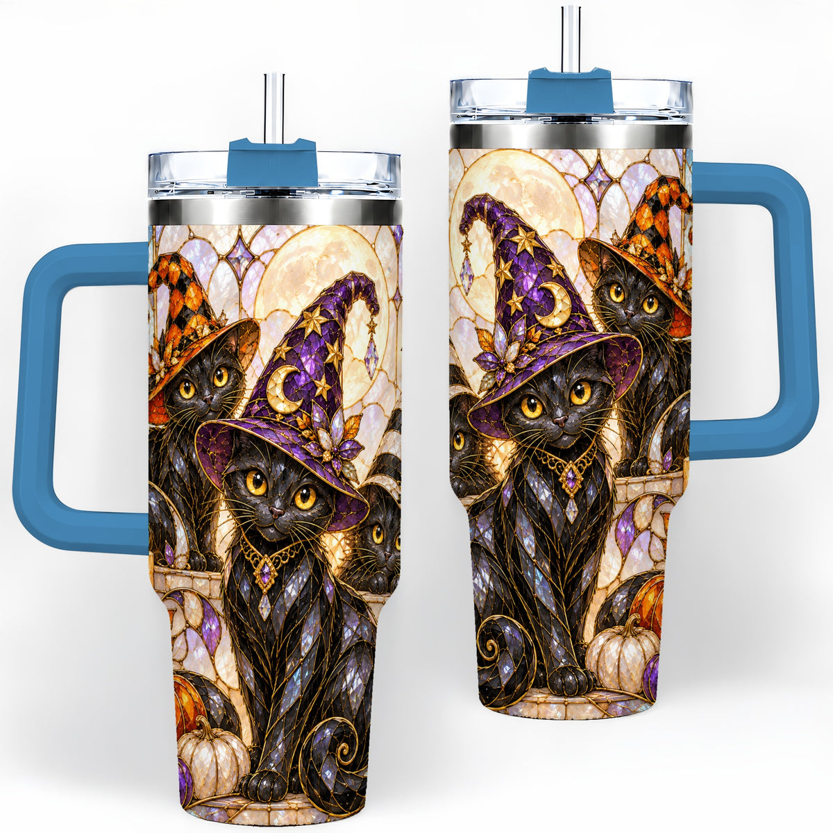 #pl[40oz|Blue] Halloween Black Cat Tumbler 40oz, Witch Hat Pumpkin Moon Fall Artwork