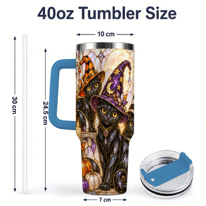 #pl[40oz|Blue] Halloween Black Cat Tumbler 40oz, Witch Hat Pumpkin Moon Fall Artwork