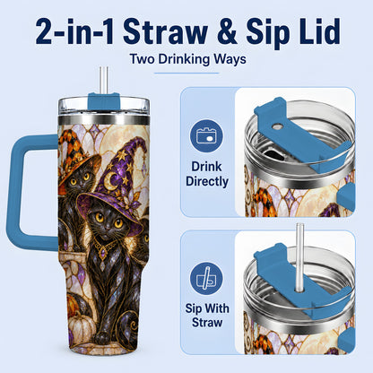 #pl[40oz|Blue] Halloween Black Cat Tumbler 40oz, Witch Hat Pumpkin Moon Fall Artwork
