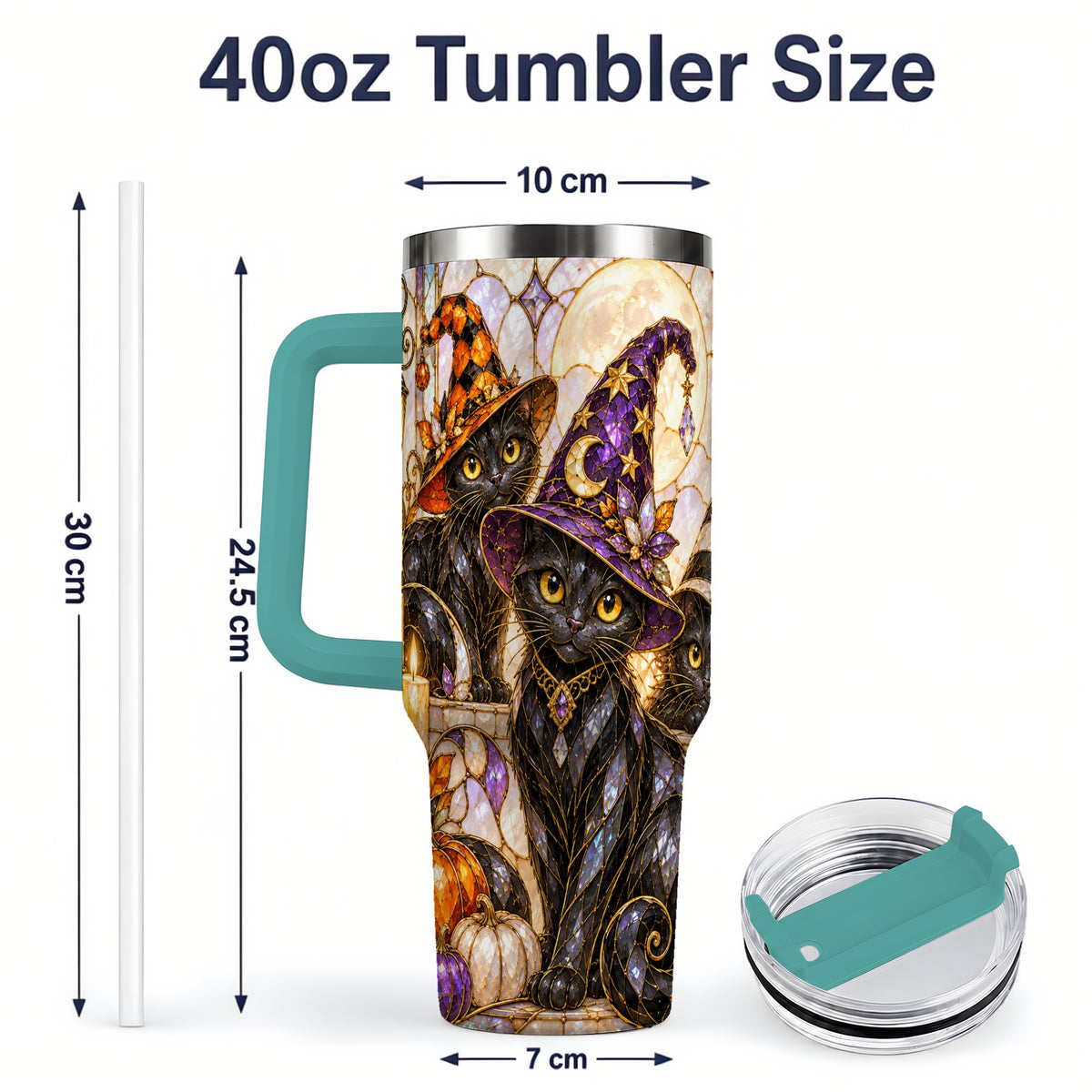 #pl[40oz|Green] Halloween Black Cat Tumbler 40oz, Witch Hat Pumpkin Moon Fall Artwork