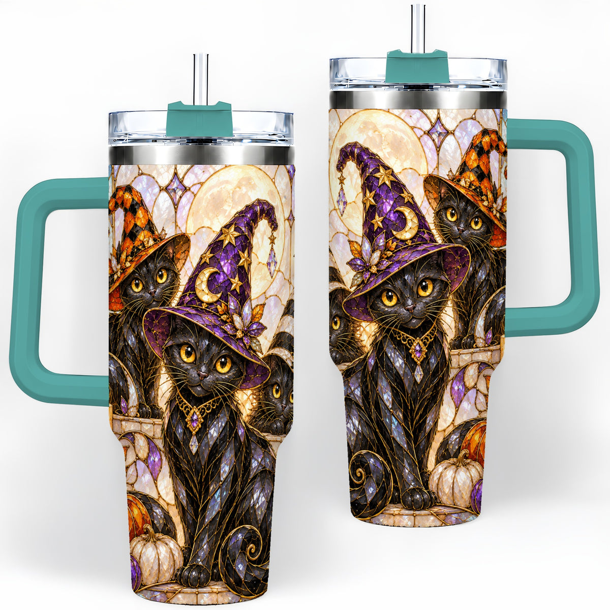 #pl[40oz|Green] Halloween Black Cat Tumbler 40oz, Witch Hat Pumpkin Moon Fall Artwork