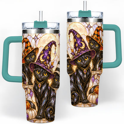 #pl[40oz|Green] Halloween Black Cat Tumbler 40oz, Witch Hat Pumpkin Moon Fall Artwork