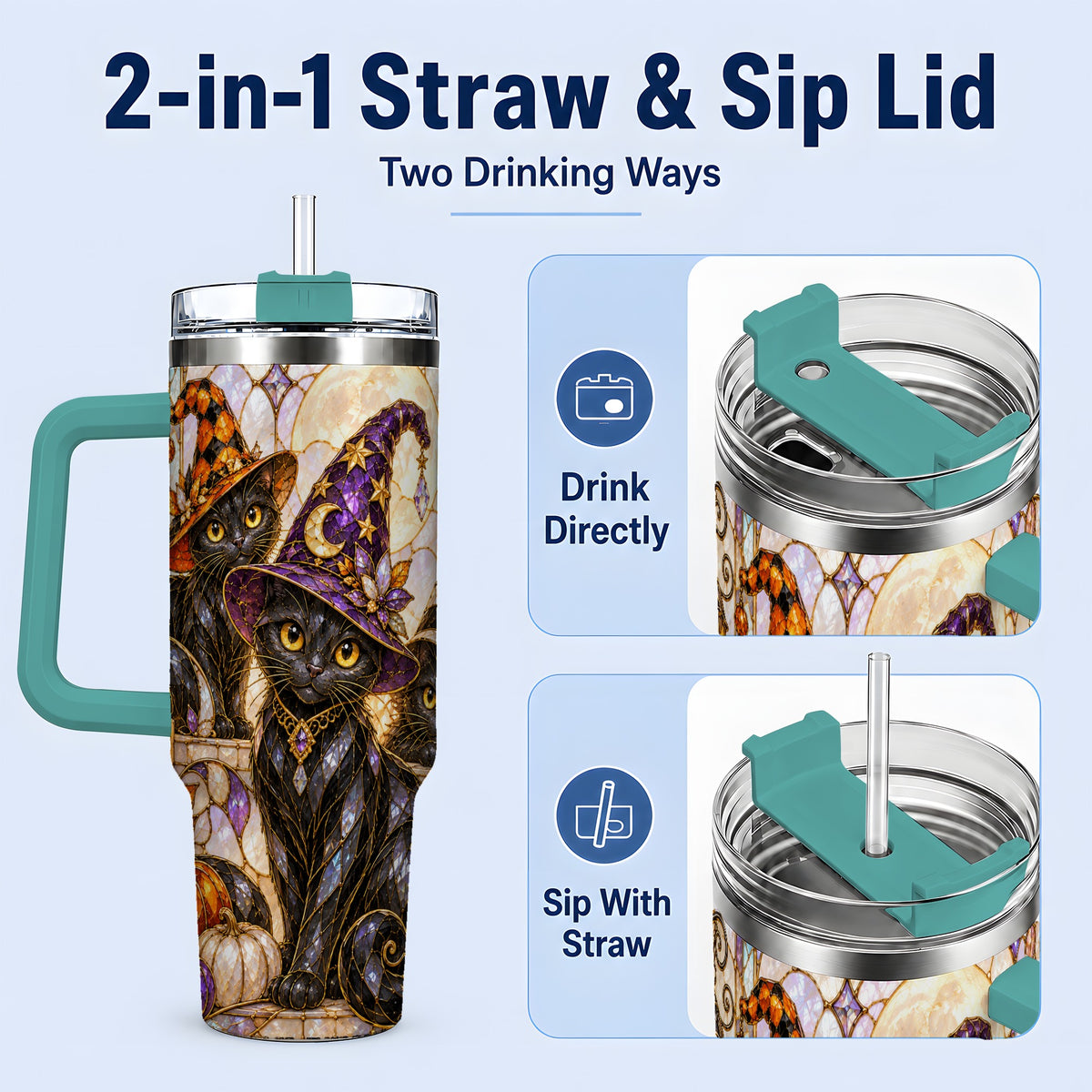 #pl[40oz|Green] Halloween Black Cat Tumbler 40oz, Witch Hat Pumpkin Moon Fall Artwork