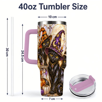 #pl[40oz|Pink] Halloween Black Cat Tumbler 40oz, Witch Hat Pumpkin Moon Fall Artwork