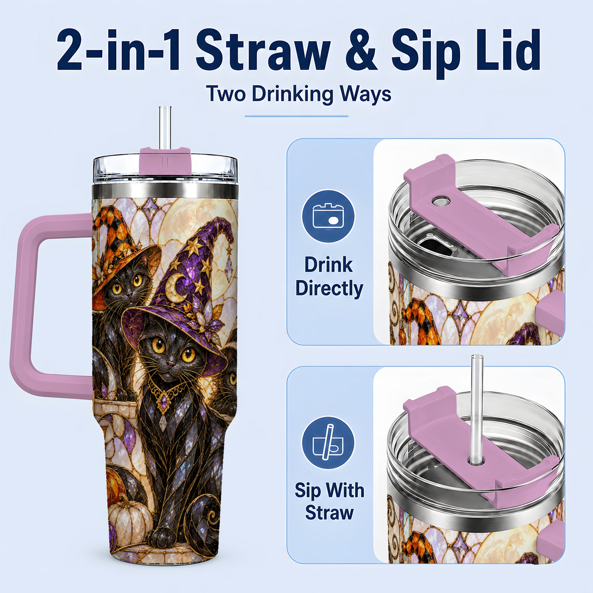 #pl[40oz|Pink] Halloween Black Cat Tumbler 40oz, Witch Hat Pumpkin Moon Fall Artwork