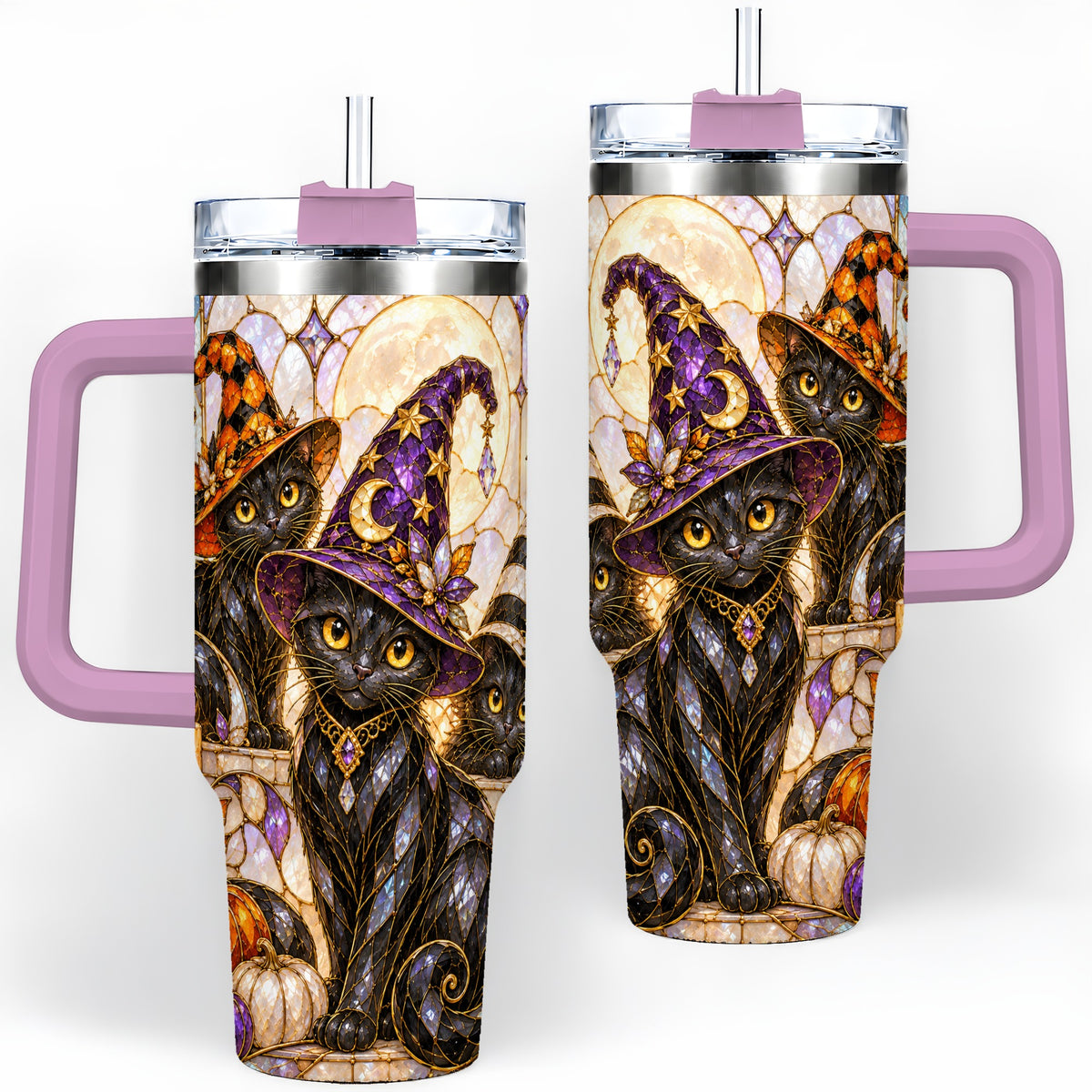 #pl[40oz|Pink] Halloween Black Cat Tumbler 40oz, Witch Hat Pumpkin Moon Fall Artwork