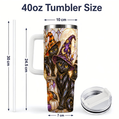 #pl[40oz|White] Halloween Black Cat Tumbler 40oz, Witch Hat Pumpkin Moon Fall Artwork