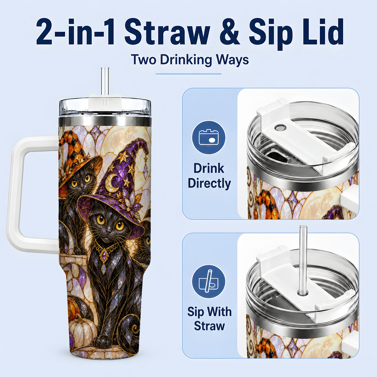 #pl[40oz|White] Halloween Black Cat Tumbler 40oz, Witch Hat Pumpkin Moon Fall Artwork