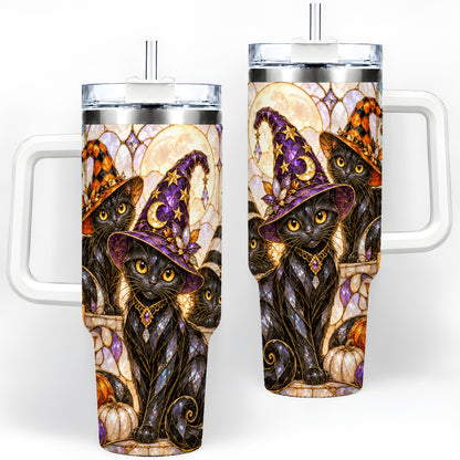 Halloween Black Cat Tumbler 40oz, Witch Hat Pumpkin Moon Fall Artwork