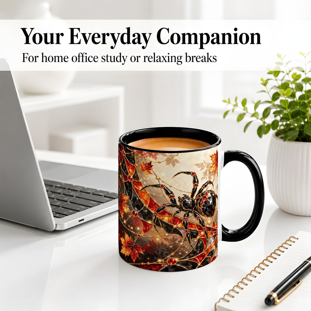 #pl[11oz|Black] Halloween Spider Web Ceramic Mug, Autumn Maple Leaf Artwork