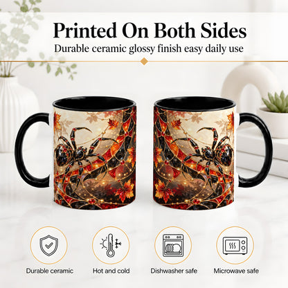 #pl[11oz|Black] Halloween Spider Web Ceramic Mug, Autumn Maple Leaf Artwork