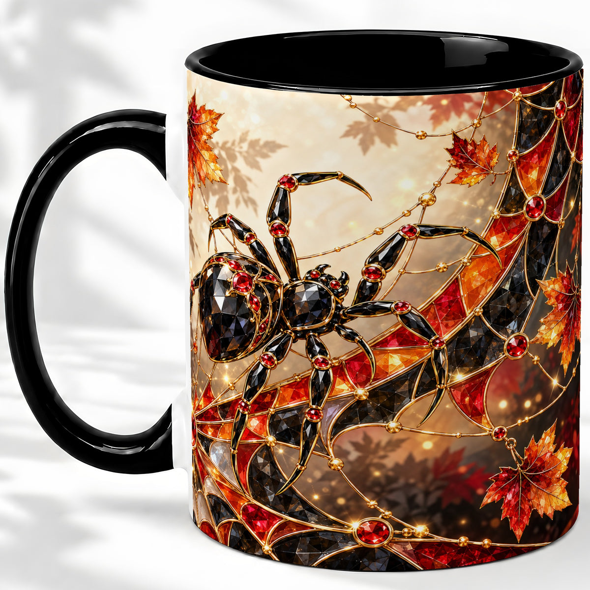 #pl[11oz|Black] Halloween Spider Web Ceramic Mug, Autumn Maple Leaf Artwork