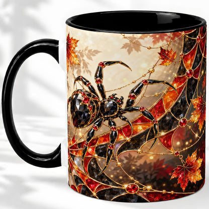 #pl[11oz|Black] Halloween Spider Web Ceramic Mug, Autumn Maple Leaf Artwork