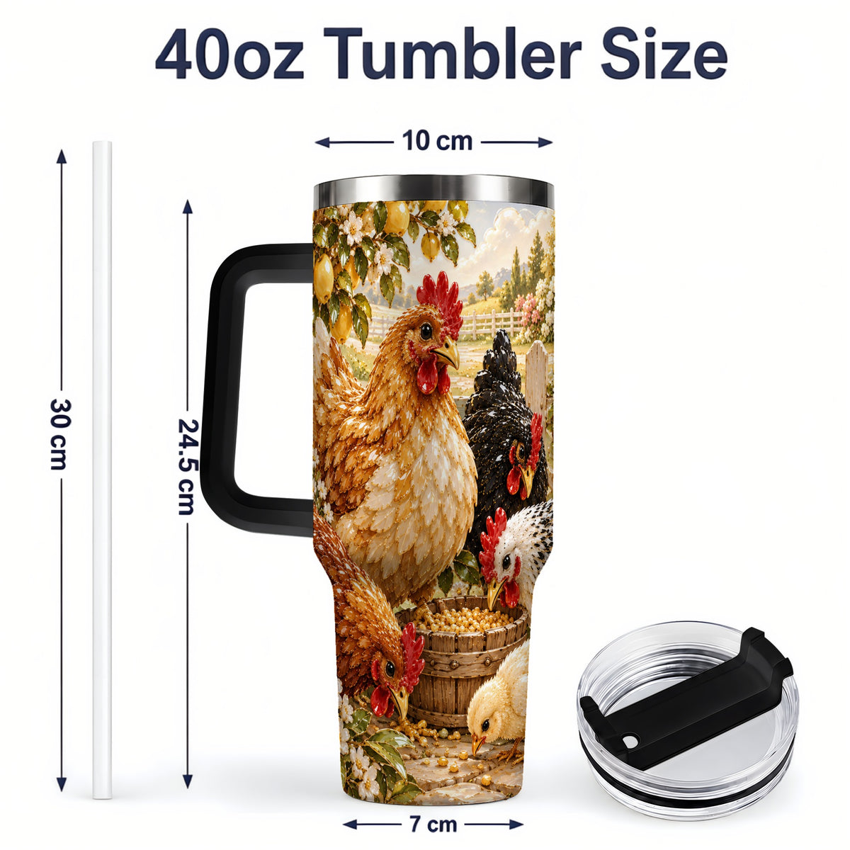 #pl[40oz|Black] Farm Chicken Tumbler 40oz, Hen Chick Floral Country Farmhouse Artwork