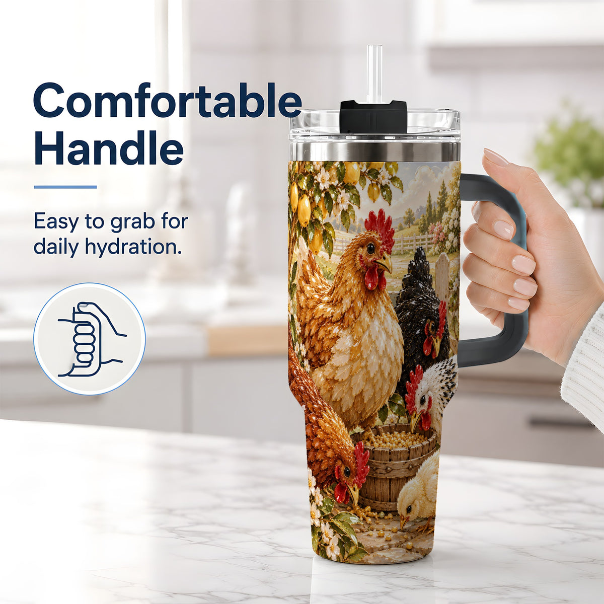 #pl[40oz|Black] Farm Chicken Tumbler 40oz, Hen Chick Floral Country Farmhouse Artwork