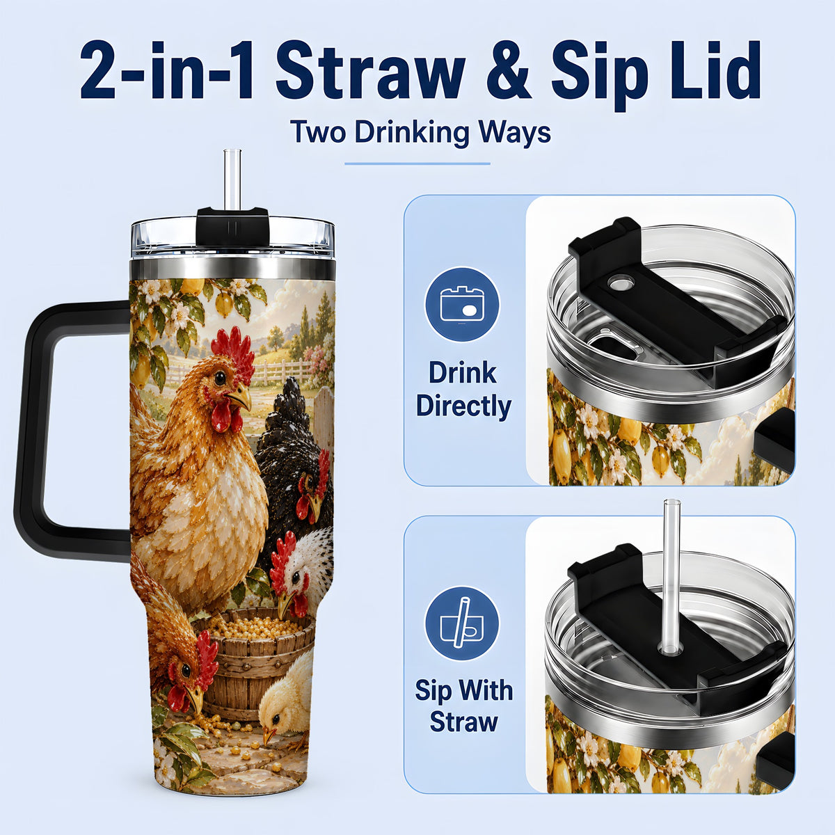 #pl[40oz|Black] Farm Chicken Tumbler 40oz, Hen Chick Floral Country Farmhouse Artwork