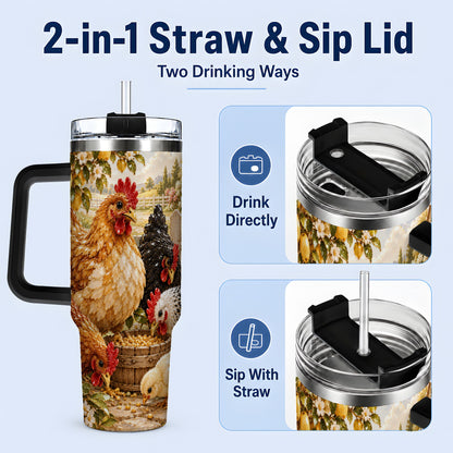 #pl[40oz|Black] Farm Chicken Tumbler 40oz, Hen Chick Floral Country Farmhouse Artwork