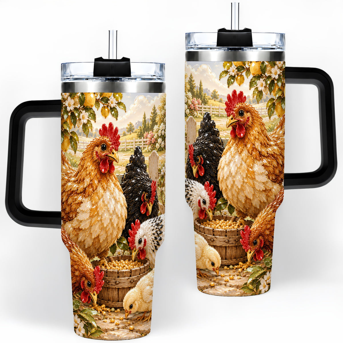 #pl[40oz|Black] Farm Chicken Tumbler 40oz, Hen Chick Floral Country Farmhouse Artwork