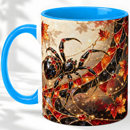 #pl[11oz|Blue] Halloween Spider Web Ceramic Mug, Autumn Maple Leaf Artwork