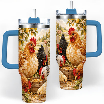 #pl[40oz|Blue] Farm Chicken Tumbler 40oz, Hen Chick Floral Country Farmhouse Artwork