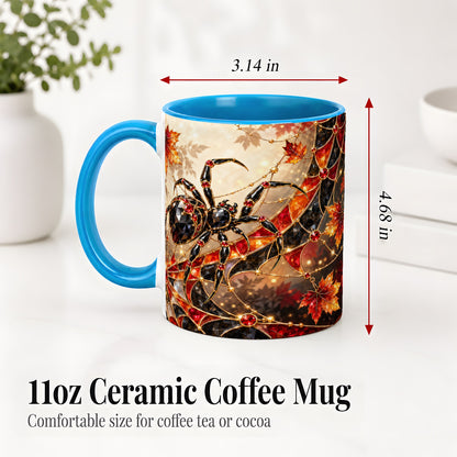 #pl[11oz|Blue] Halloween Spider Web Ceramic Mug, Autumn Maple Leaf Artwork