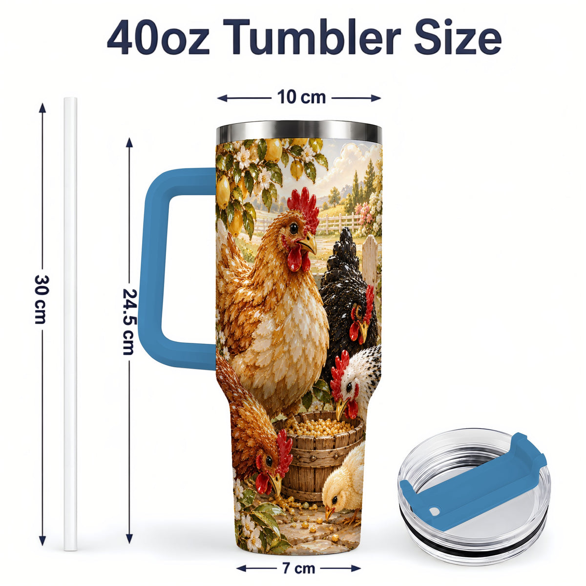 #pl[40oz|Blue] Farm Chicken Tumbler 40oz, Hen Chick Floral Country Farmhouse Artwork