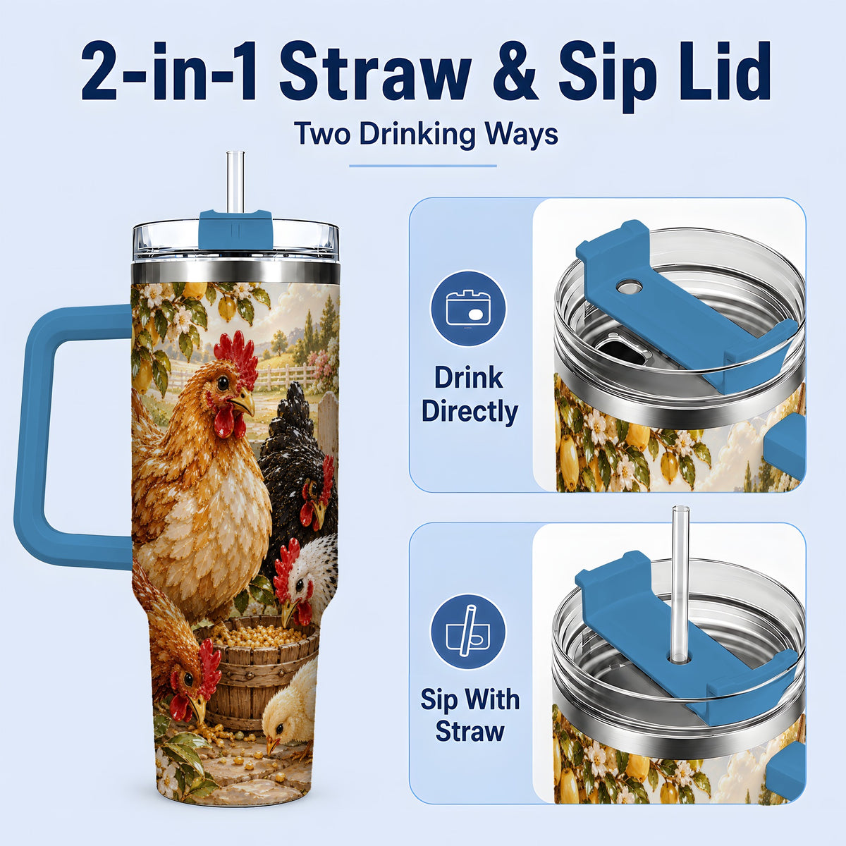 #pl[40oz|Blue] Farm Chicken Tumbler 40oz, Hen Chick Floral Country Farmhouse Artwork