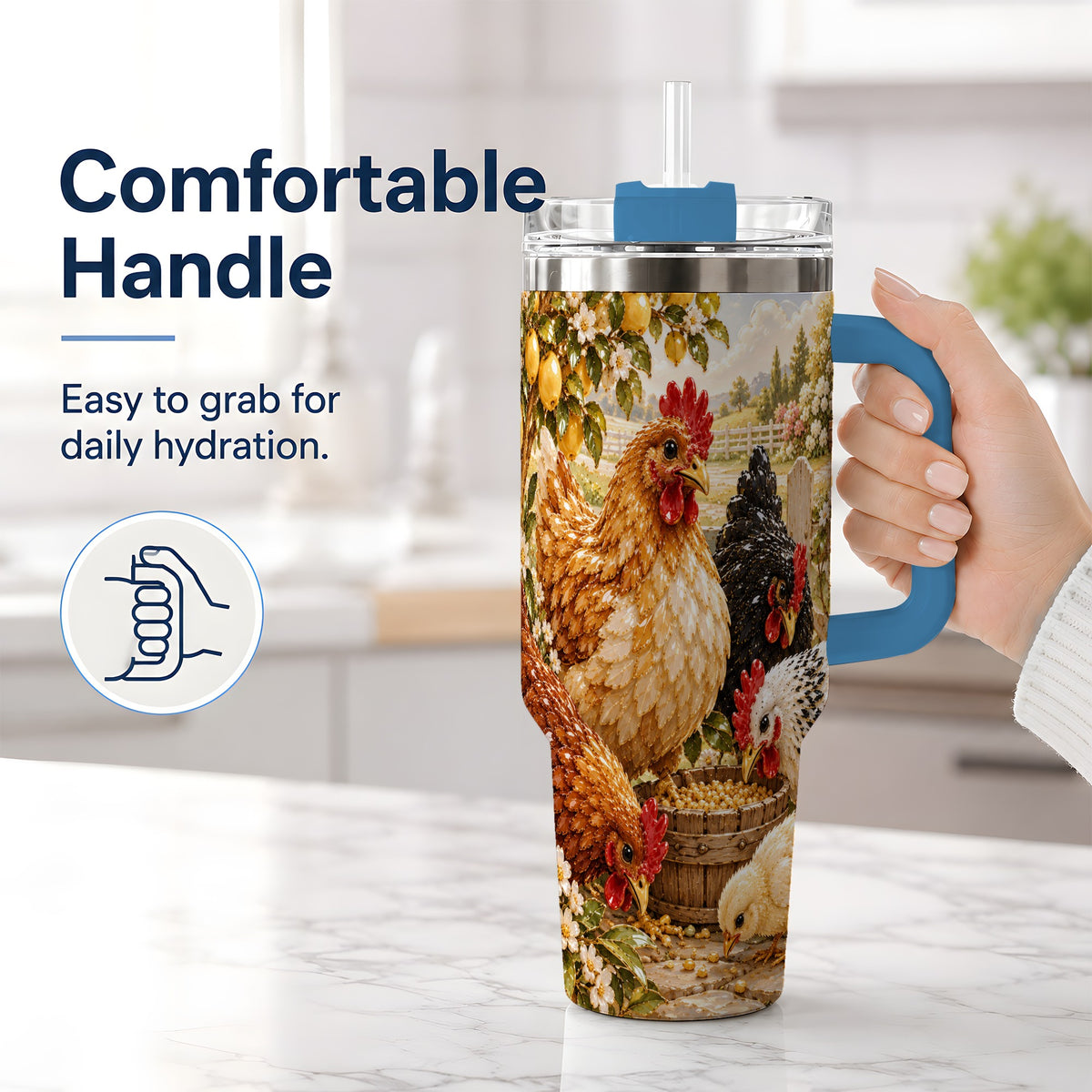 #pl[40oz|Blue] Farm Chicken Tumbler 40oz, Hen Chick Floral Country Farmhouse Artwork