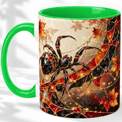 #pl[11oz|Green] Halloween Spider Web Ceramic Mug, Autumn Maple Leaf Artwork