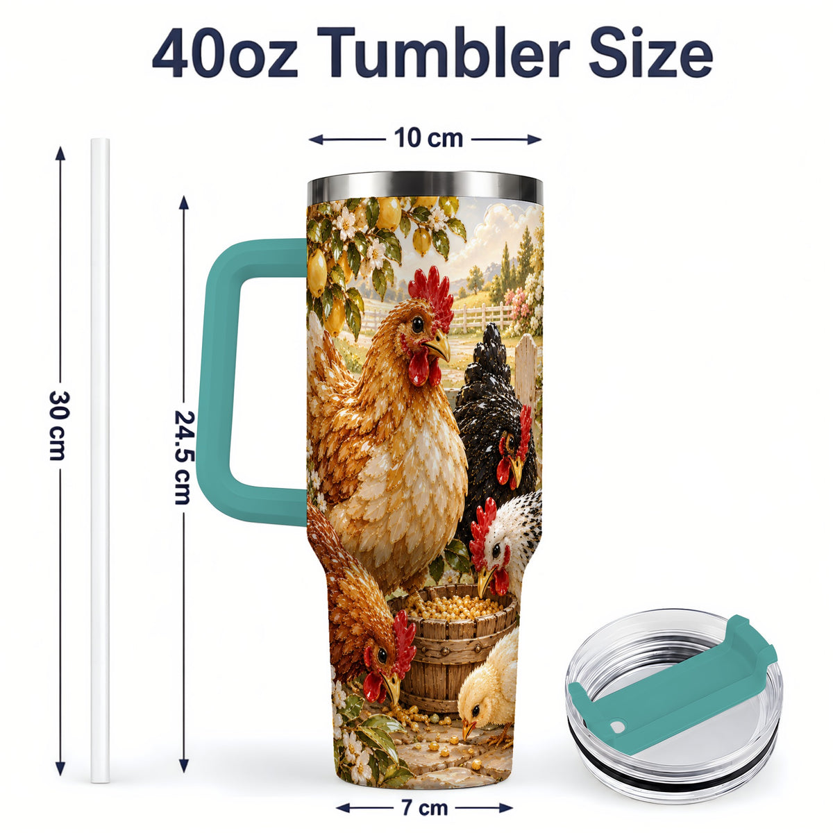 #pl[40oz|Green] Farm Chicken Tumbler 40oz, Hen Chick Floral Country Farmhouse Artwork