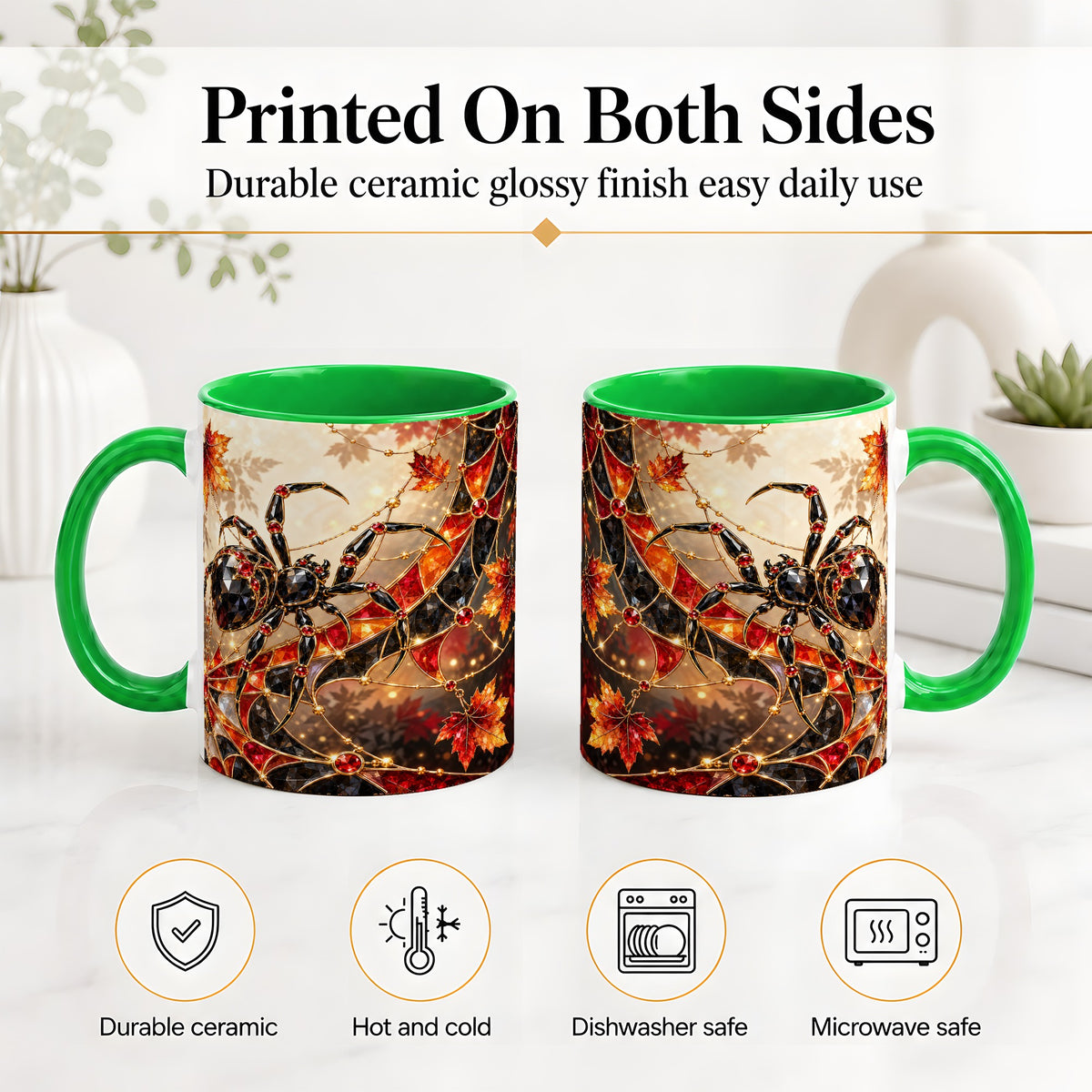 #pl[11oz|Green] Halloween Spider Web Ceramic Mug, Autumn Maple Leaf Artwork