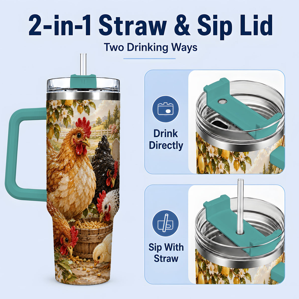 #pl[40oz|Green] Farm Chicken Tumbler 40oz, Hen Chick Floral Country Farmhouse Artwork