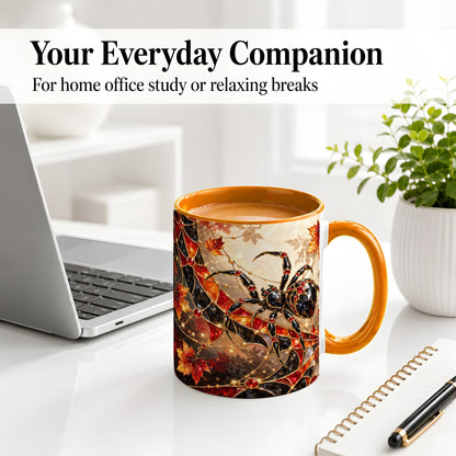 #pl[11oz|Orange] Halloween Spider Web Ceramic Mug, Autumn Maple Leaf Artwork
