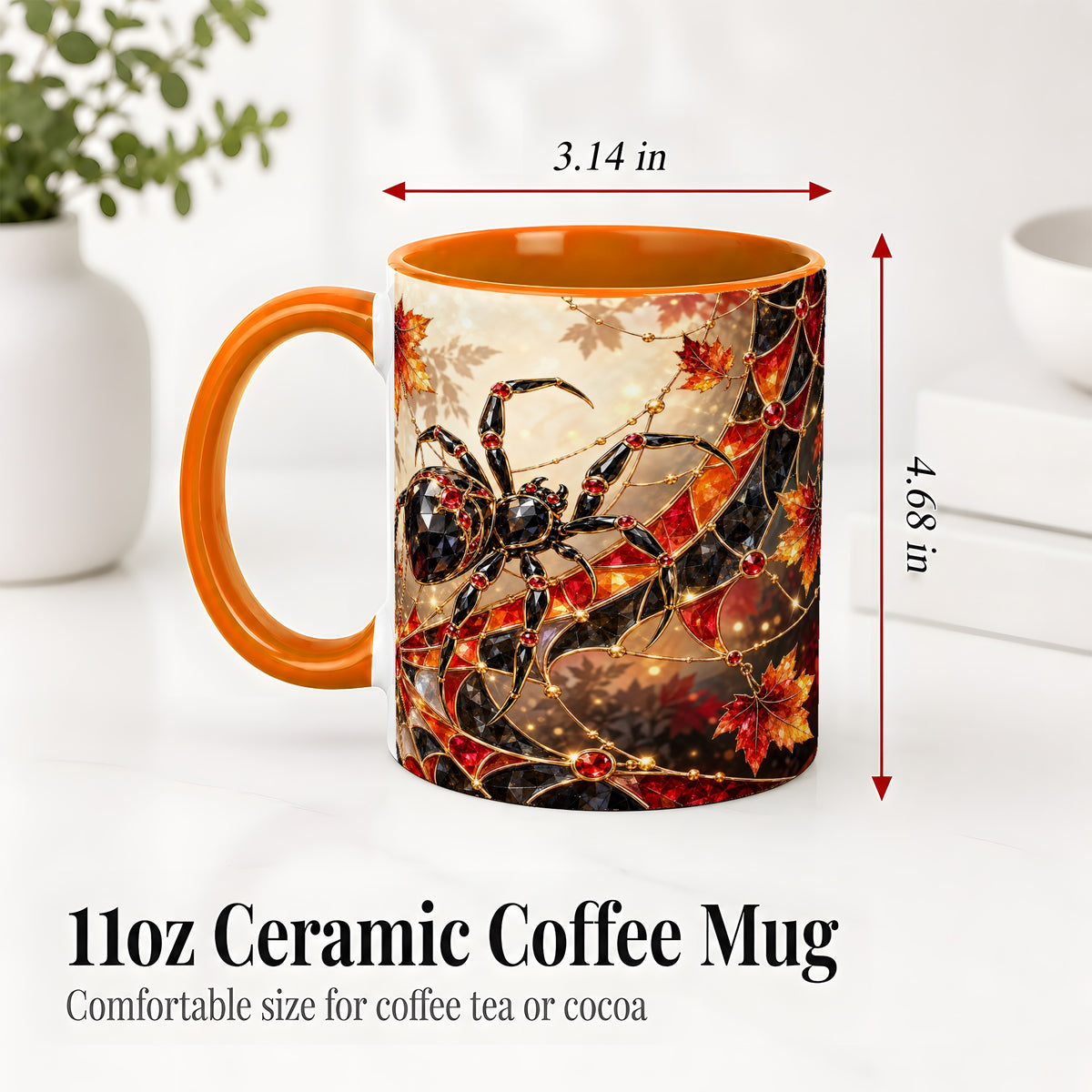 #pl[11oz|Orange] Halloween Spider Web Ceramic Mug, Autumn Maple Leaf Artwork