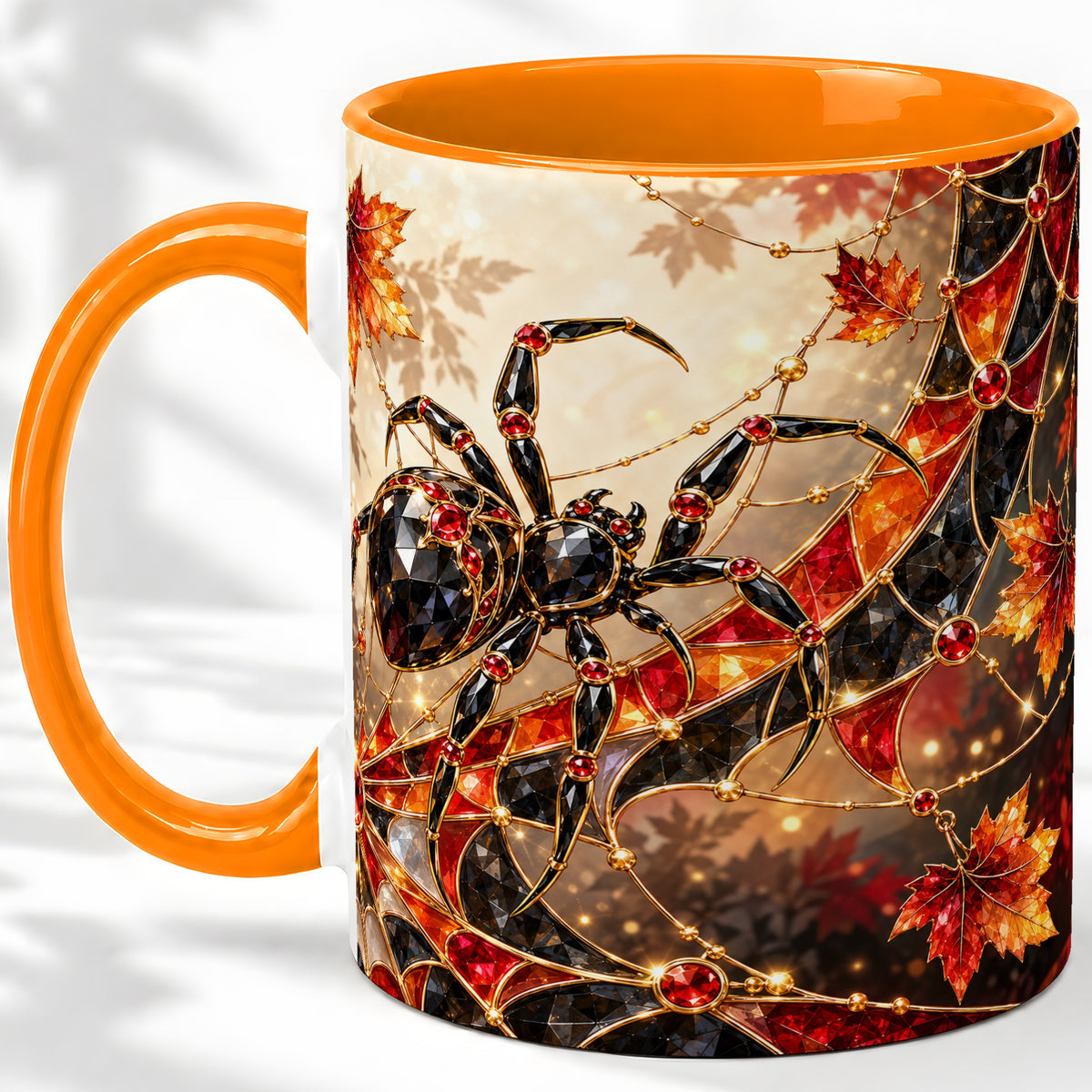 #pl[11oz|Orange] Halloween Spider Web Ceramic Mug, Autumn Maple Leaf Artwork