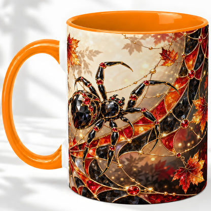 #pl[11oz|Orange] Halloween Spider Web Ceramic Mug, Autumn Maple Leaf Artwork